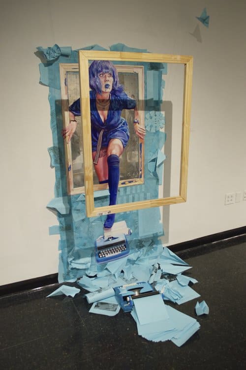 Framed Blue, 2015 by Katioe Wild | Oil and acrylic on Plexiglas with paper collage and mixed media, 72 x 36 inches