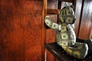 Johnny Swing's Dollar Bear, made of sewn dollar bills. Photo by Paul Specht