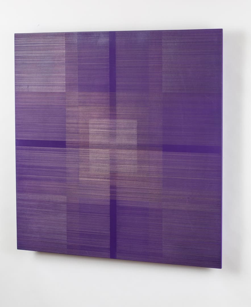 Polyphony XV, 2016, silver/gold/copper/aluminumpoint, purple gesso on museum mount board on wood, 24 x 24 x 2 in. Photo by Izzy Berdan