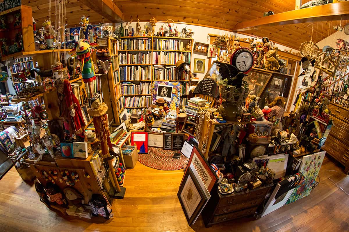 Part of Ashley Bryan's vast toy collection. Photo by Izzy Berdan