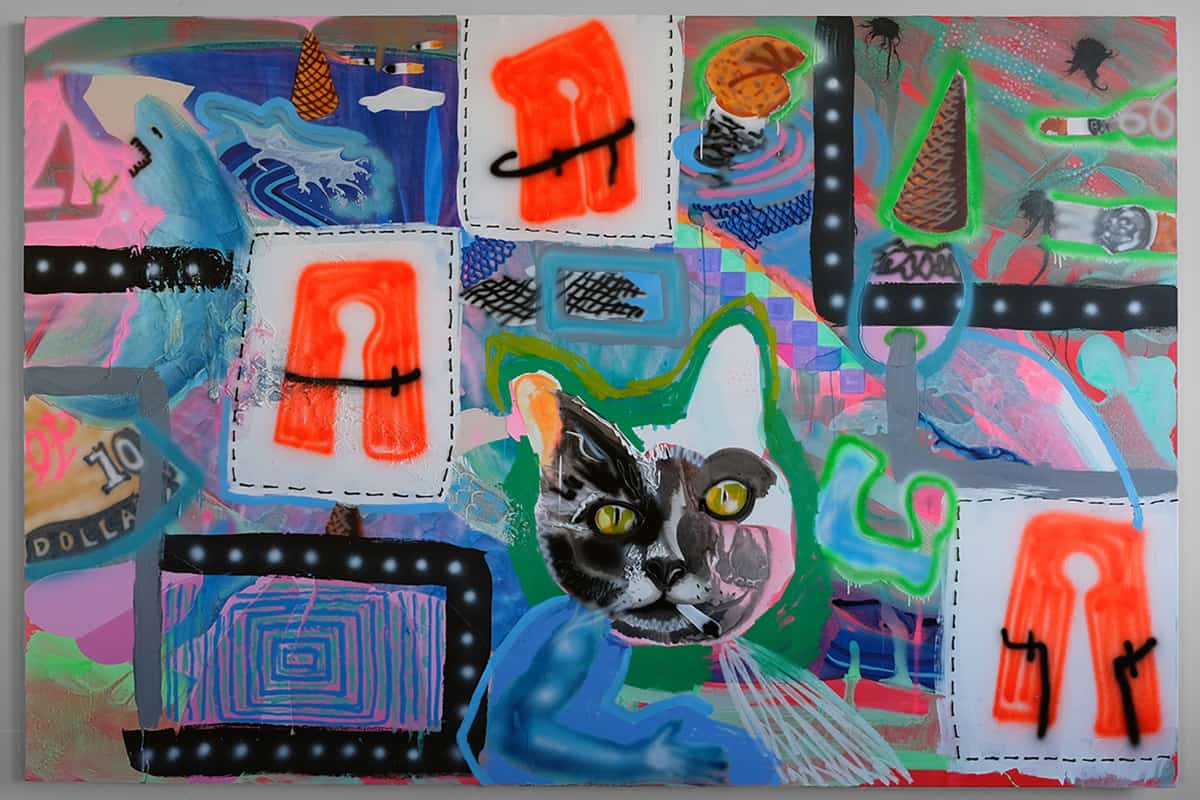Artists to Watch: Emilie Stark-Menneg, Big Kitty Picture Show!, 2016, acrylic, oil, house paint, and sand on canvas, 70 x 105 in. Photo courtesy of the artist