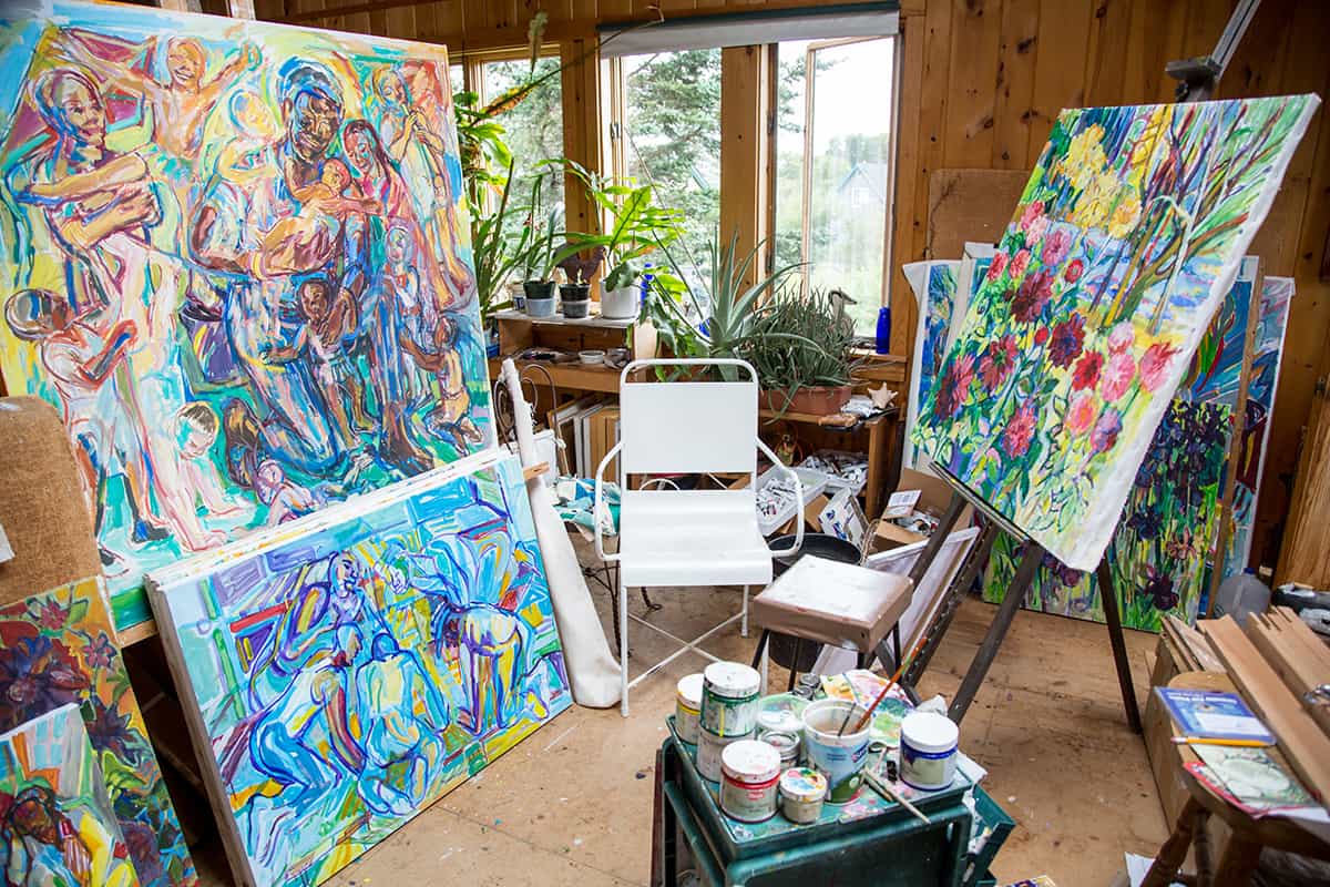 The upstairs painting studio in Ashley Bryan's house. Photo by Izzy Berdan
