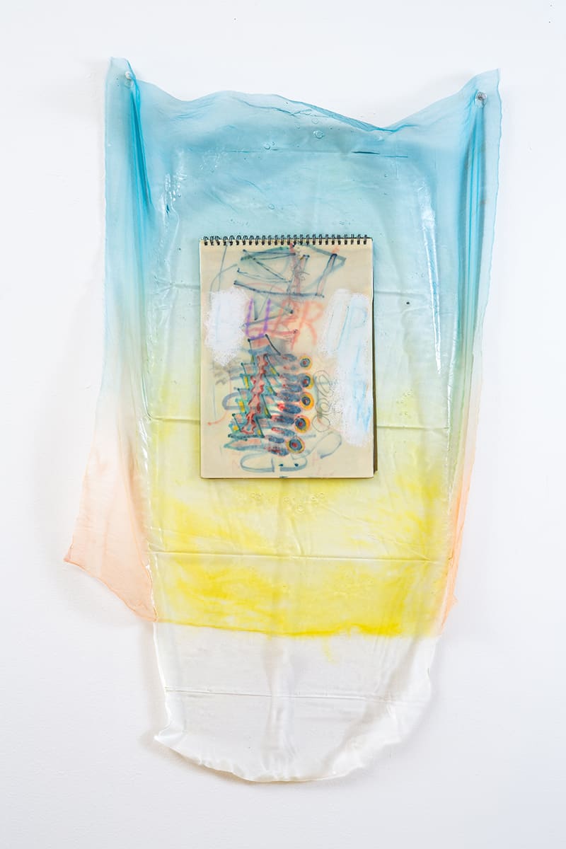Artists to Watch: Heather McPherson, Bupropion, 2016, painted chiffon, cast epoxy, drawing pad, 36 × 20 in. Photo by Karen Philippe