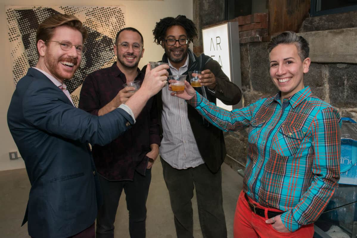 A R E A's creative producer Nick Medvescek; its founder and director, David Guerra; artist Frank Floyd; and Amanda Accardi, owner of Around the Corner Framing, at the opening of A R E A's new SoWa location. Photo by Melissa Ostrow